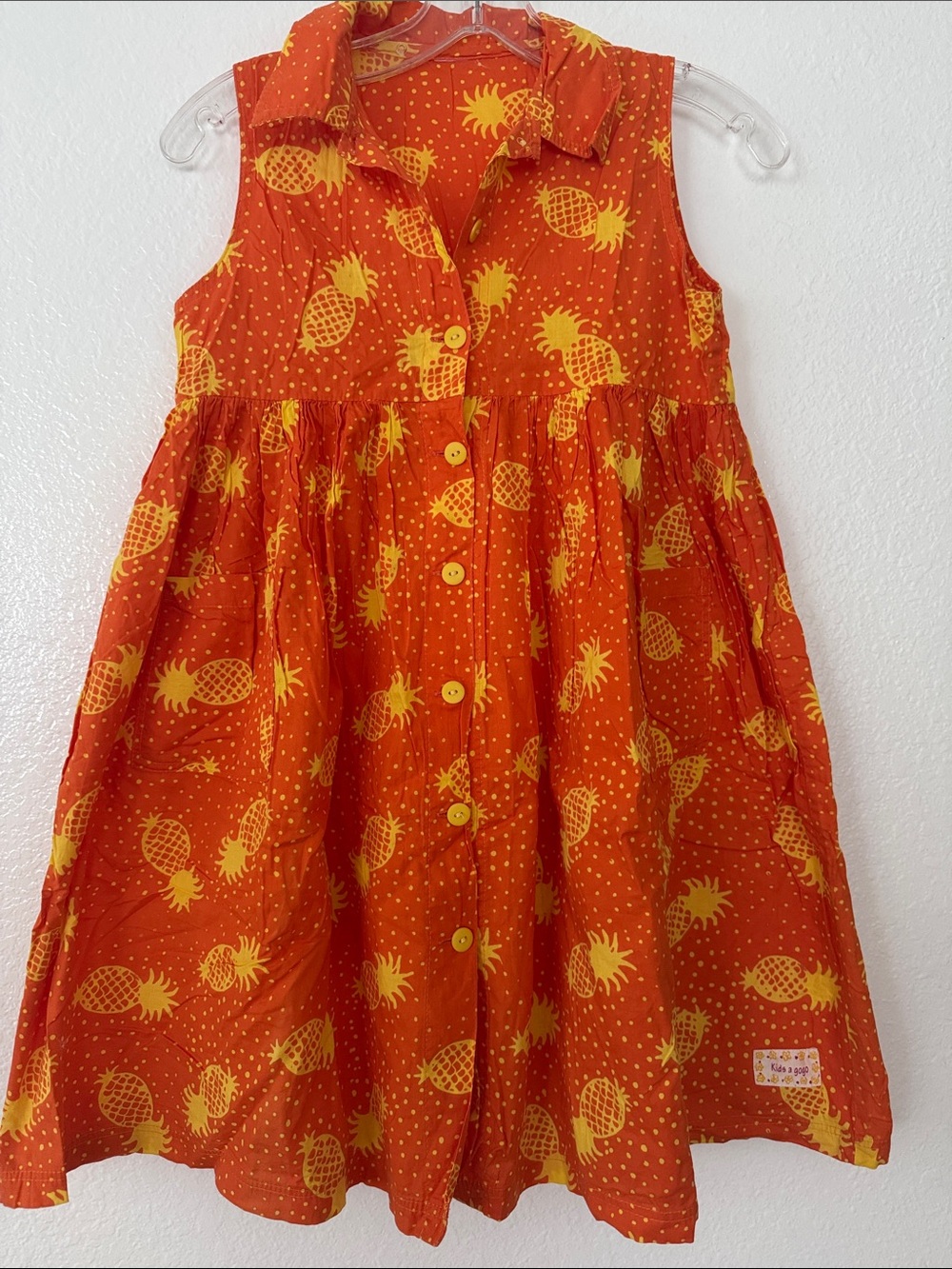 Sleeveless Orange Pineapple Button-Front Kids Dress